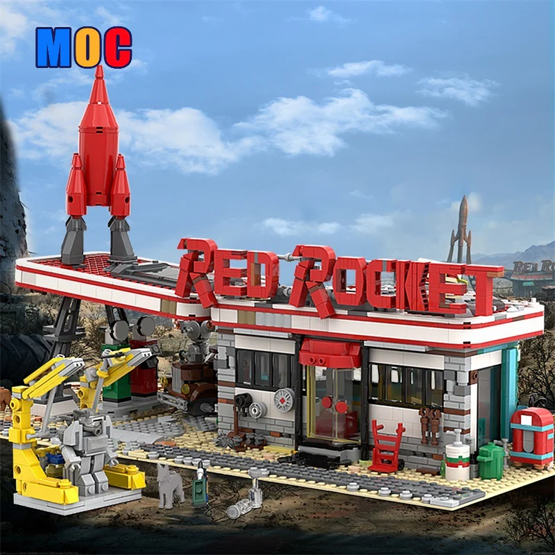 (Gobricks version) 1996pcs MOC Red Rocket Modular Gas Station Fallout LEGO Compatible