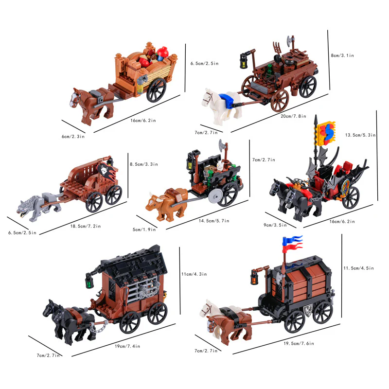 MOC Medieval Military Warhorse Wolves Prison Wagons Oxen War Scene Weapons